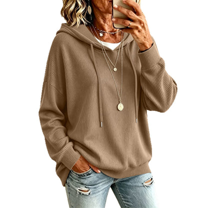 Women's solid color drawstring hooded knitted sweater with casual pocket and loose fit outer top