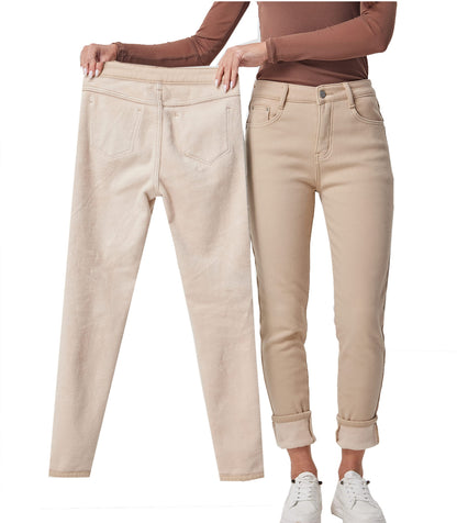 BackUpMyFilesNow CozyFleece women's winter skinny jeans in dark wash, featuring a snug fleece lining and slim fit design.