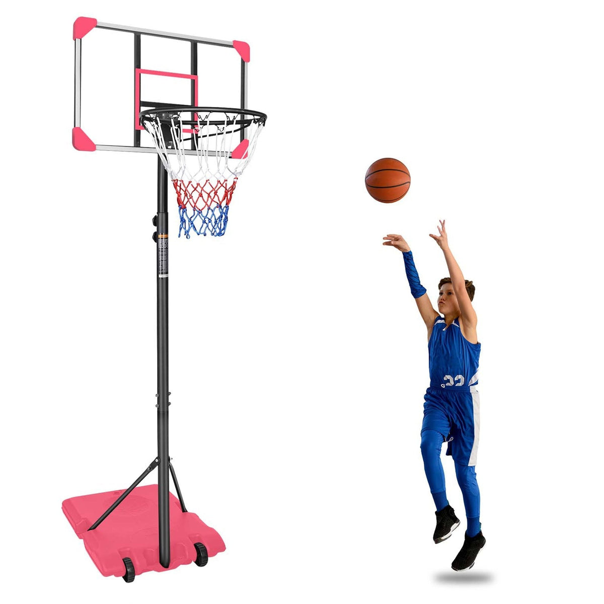 Kids basketball hoop by GBruno Store, adjustable height from 5.6 to 7 feet with wheels for easy mobility.