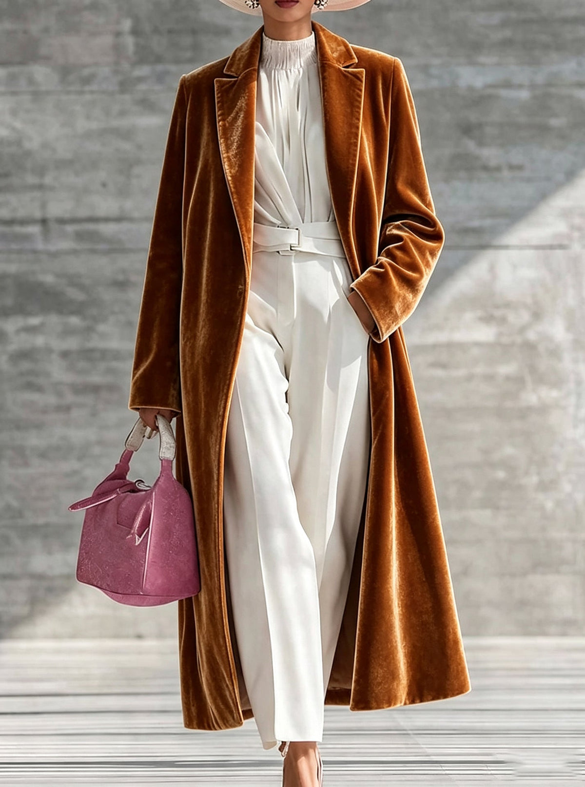 Women's V-neck over-the-knee velvet coat in rich fabric