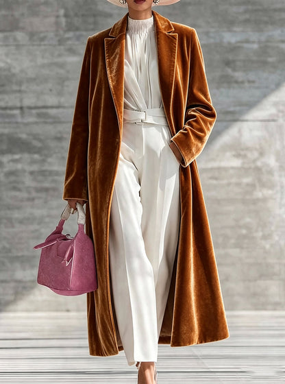 Women's V-neck over-the-knee velvet coat in rich fabric