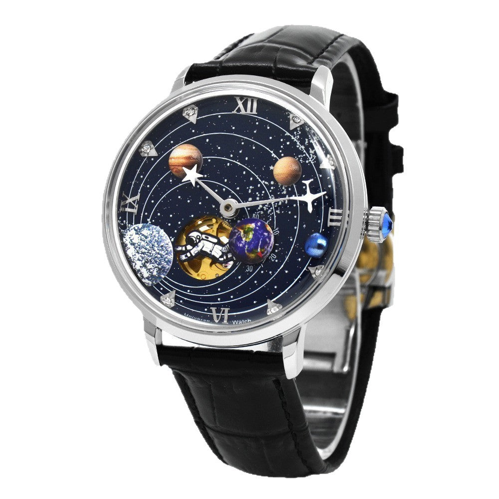 Men's mechanical watch with hollowed-out design and brown leather strap