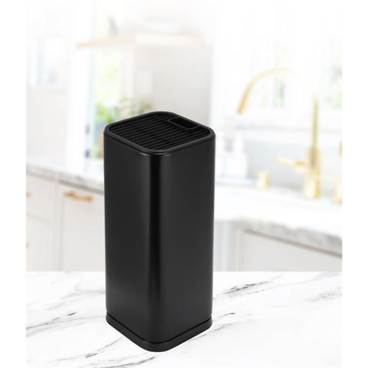 Black Dura Living universal knife block holder with six slots for kitchen knives, showcasing sleek design and organized storage.