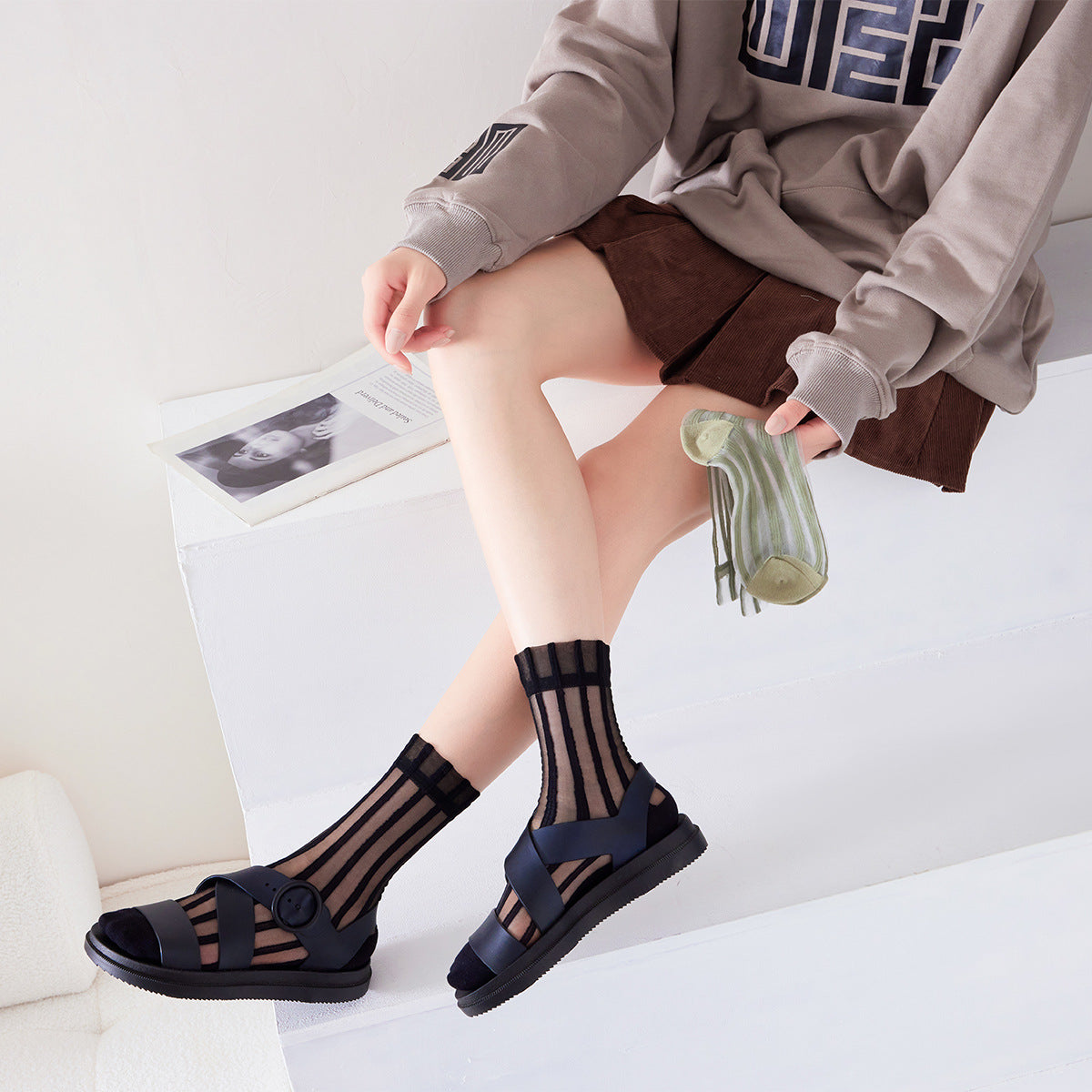 Women's thin mid-calf solid-color lace-up socks, side view
