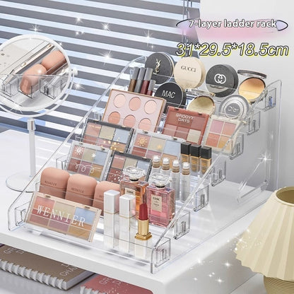 Transparent plastic cosmetics storage box with compartments for organizing makeup and beauty products