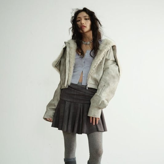 Hooded post-apocalyptic PU leather quilted jacket with padded texture and front zip closure