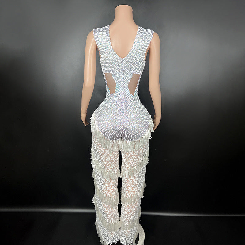 Sleeveless lace bodycon jumpsuit for women in a fitted design, front view