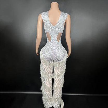 Sleeveless lace bodycon jumpsuit for women in a fitted design, front view