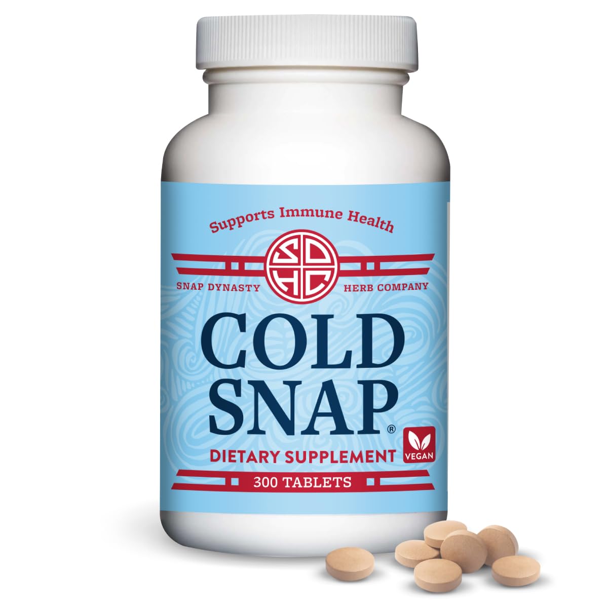 BackupMyFileSnow Cold Snap vegan immune support tablets in a 300-count bottle, with label and tablets visible.