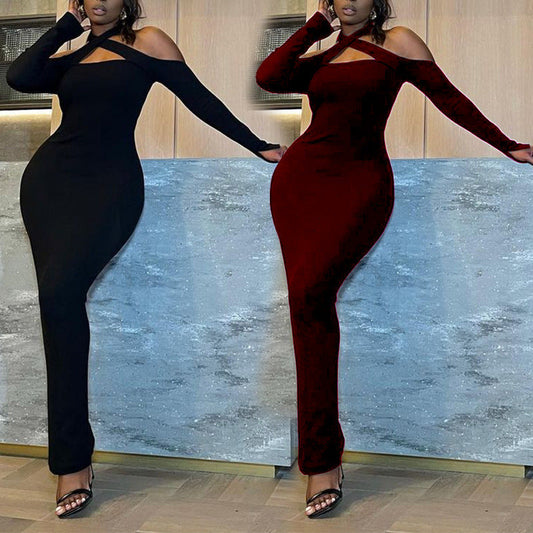 Women's winter solid color off-shoulder halter long thin sunken stripe pencil skirt”】【