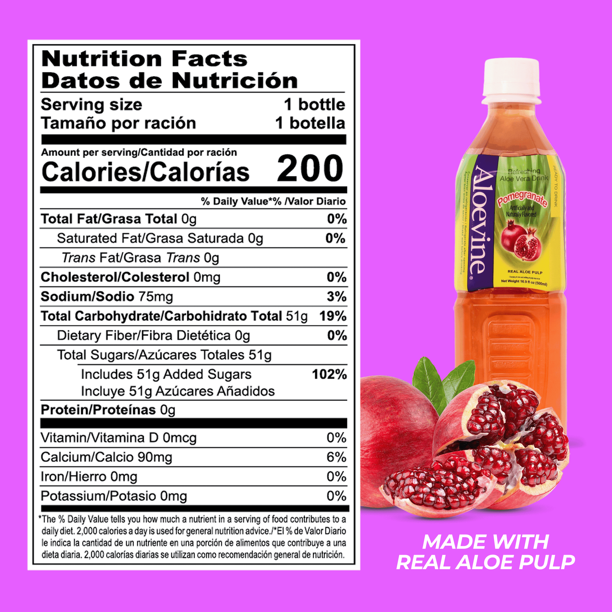 Aloevine Pomegranate Aloe Vera Drink with Aloe Pulp, 16.9 Fl Oz, 20 Count Bottles
