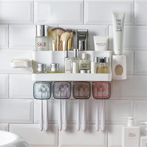 Toothbrush holder bathroom shelving with perforation-free suction wall mount and toiletry storage set