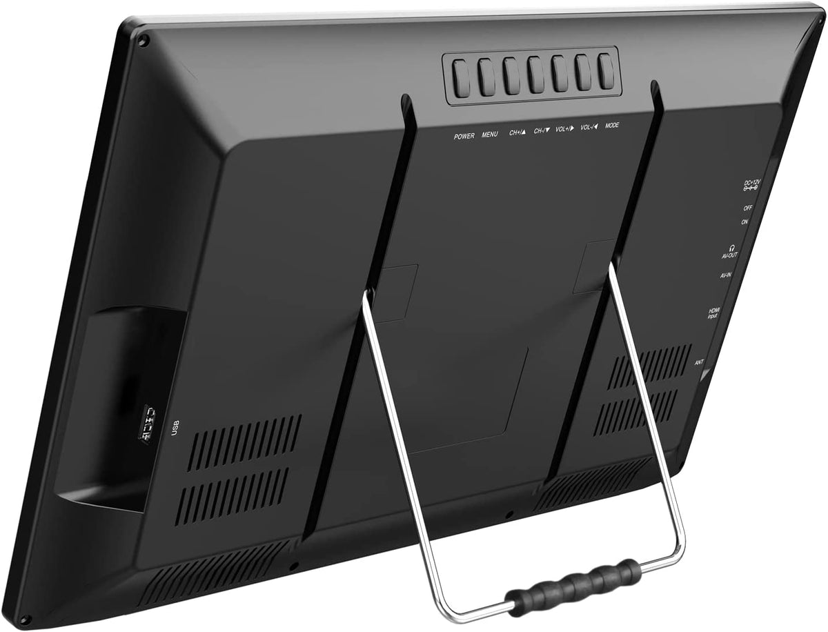 Naxa portable 16-inch 12V AC/DC TV with digital multimedia player, showing screen displaying channel and media options.