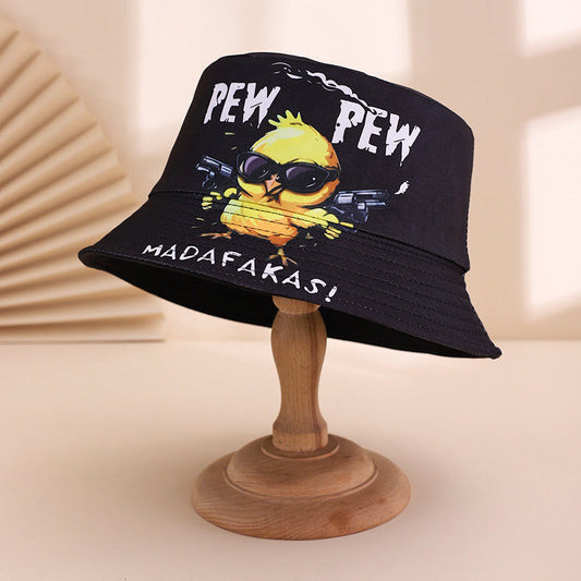 Unisex yellow duck fisherman hat with printed letters and reversible dual sides for casual parties