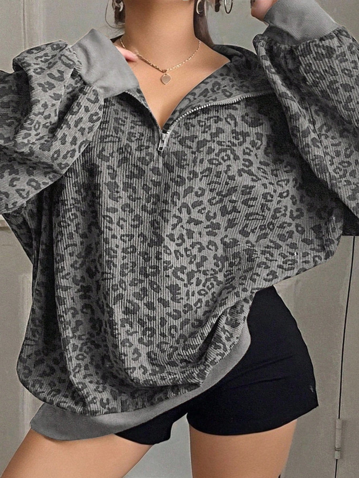 Women's casual corduroy hoodie with leopard print pattern, front view