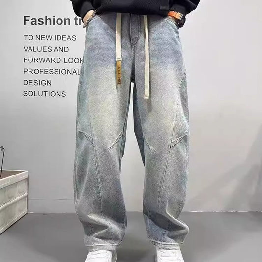 Patchwork vintage washed loose straight-leg pants with edgy American-style sabre-cut design