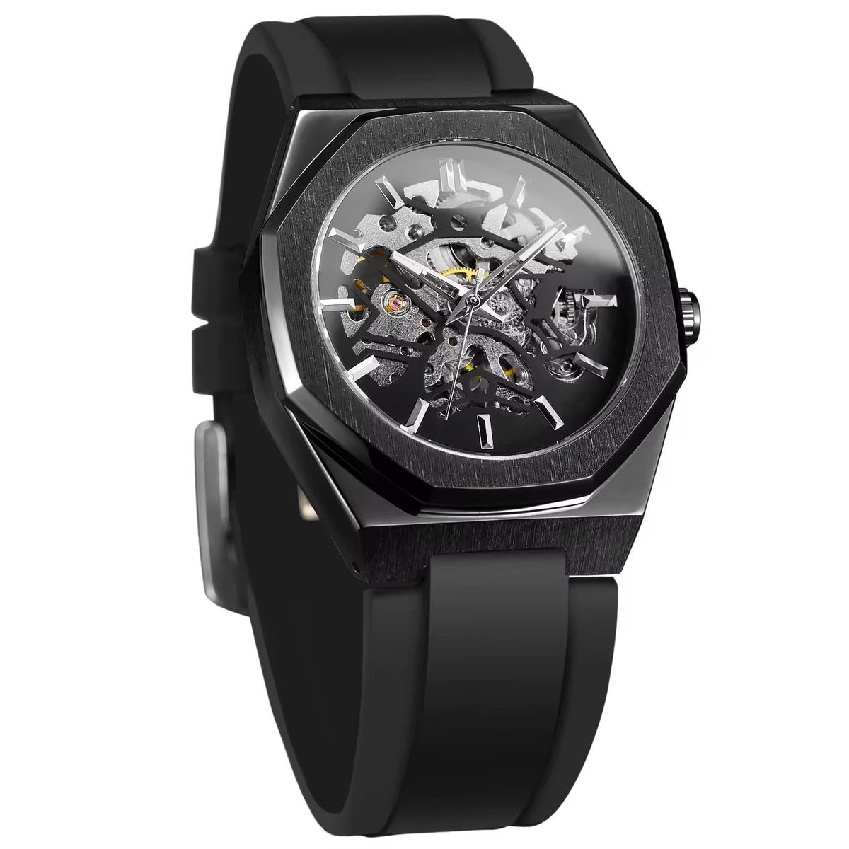 Automatic mechanical watch with black rubber strap and round dial