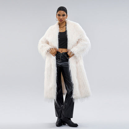 Long artificial fur coat with collar for women, elegant commuting style