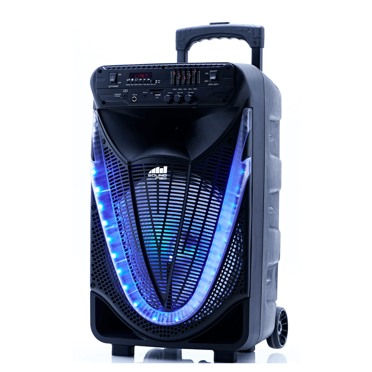 Naxa portable 12-inch Bluetooth party speaker with built-in disco light, featuring large speaker grille and colorful LED lighting.