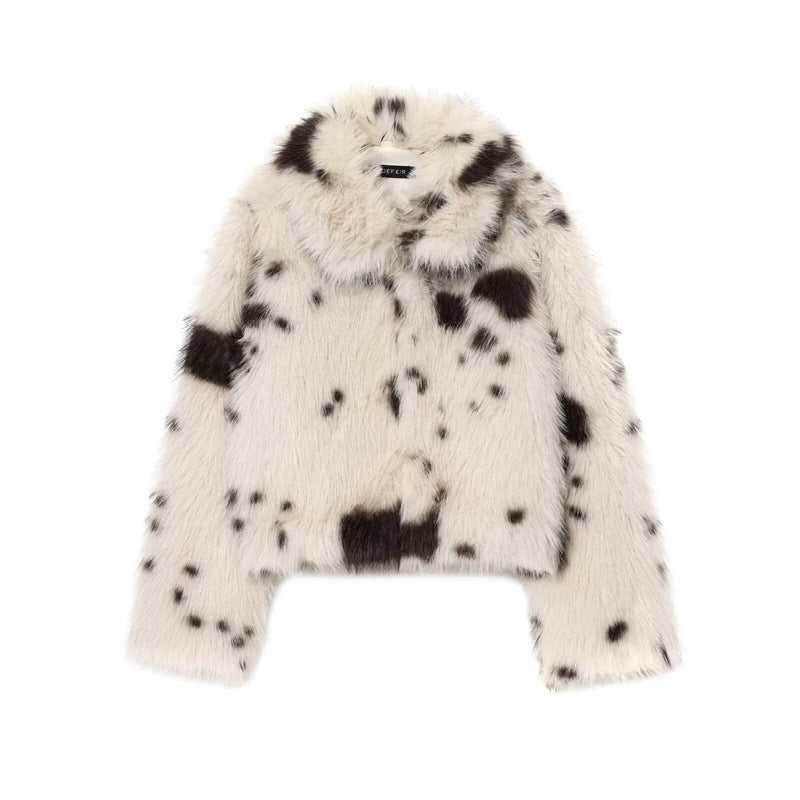 Women's artificial fur animal pattern coat, full-length front viewocer