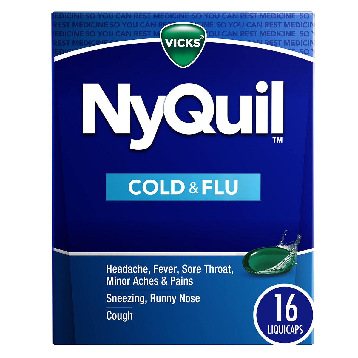 Nyquil Flu Relief Night Capsules by BACKUPMYFILESNOW® in a 16-count bottle, featuring white capsules with blue and red accents.
