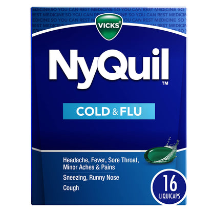 Nyquil Flu Relief Night Capsules by BACKUPMYFILESNOW® in a 16-count bottle, featuring white capsules with blue and red accents.