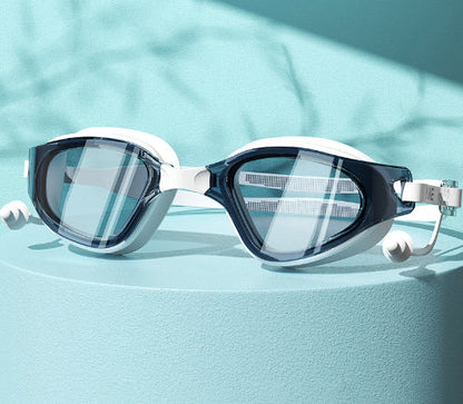 HD fog waterproof large frame swimming glasses, clear protective lenses with adjustable blue strap