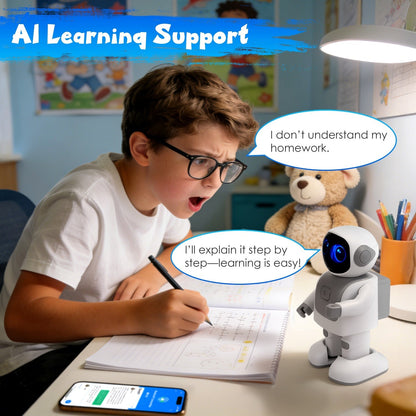GBruno AI dancing robot toy for kids, featuring programmable moves, Bluetooth music, and voice assistant functions in a playful design.
