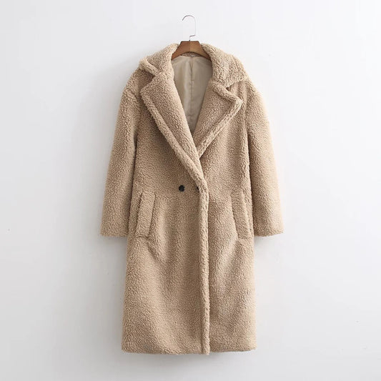 Women's lamb wool fur profile long fur coat, side view, soft textured outerwear garment