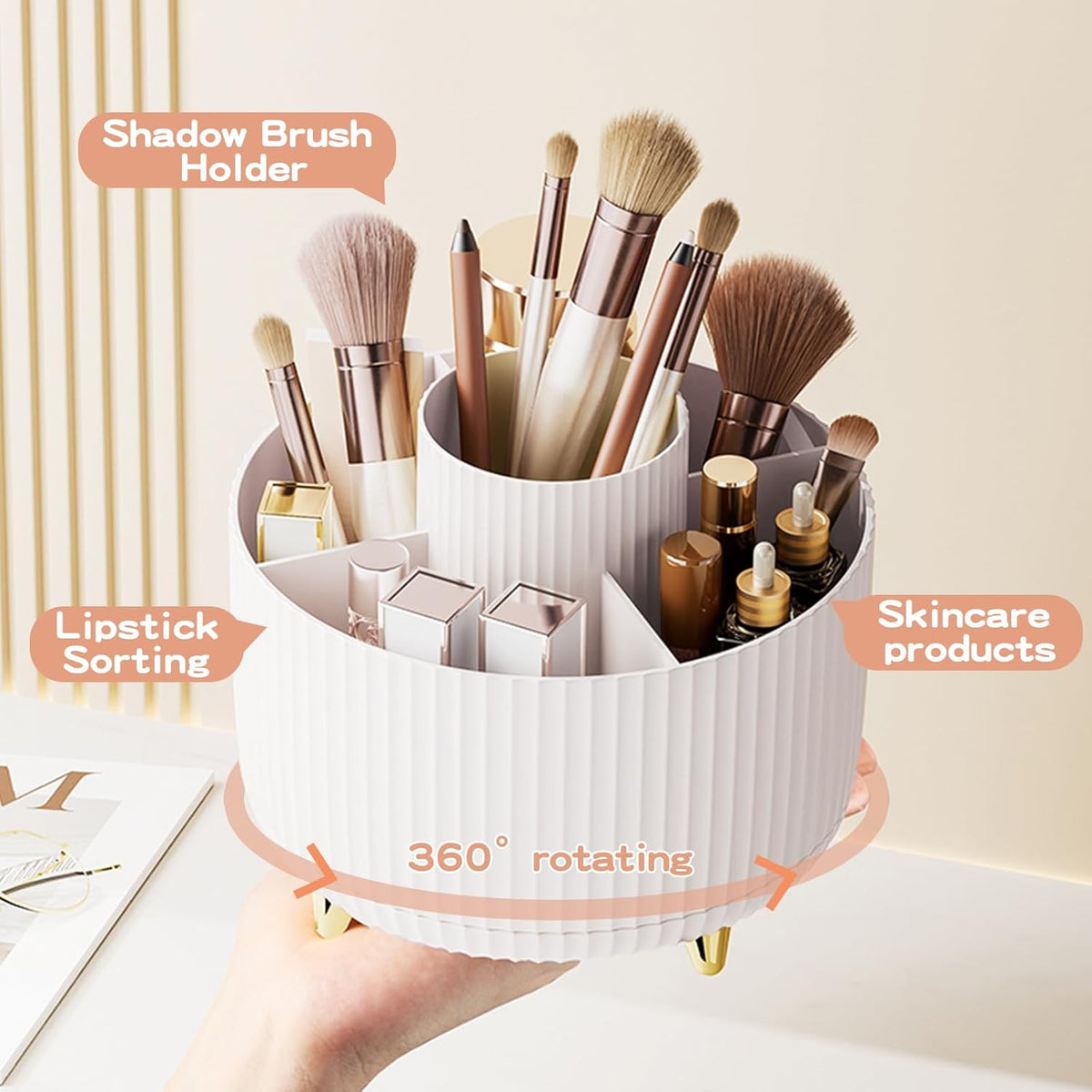 360 rotating makeup brush holder and organizer for countertop cosmetics and skincare storage