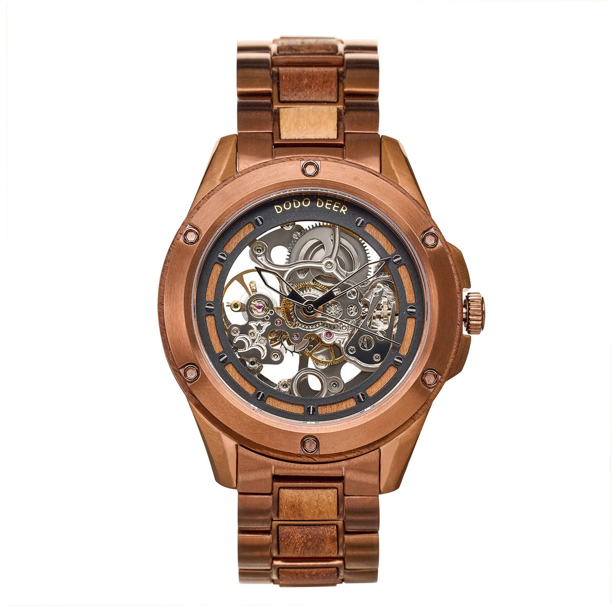 Openwork mechanical wooden watch for men with visible gears and natural wood case
