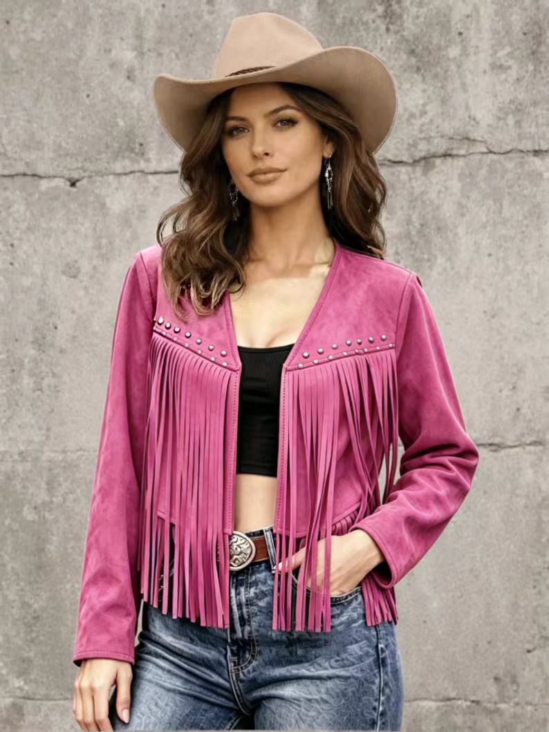 Women’s solid-color rivet-embellished long-sleeve cardigan coat, front view