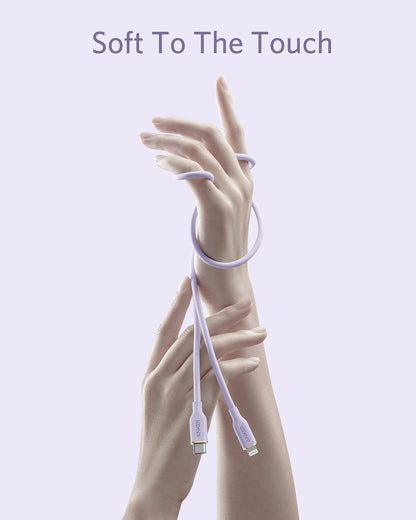 Anker 641 USB-C to Lightning silicone charging cable, 6ft light purple color, designed for fast iPhone and device charging.