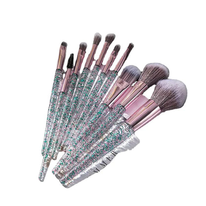 Glamorous 10-Piece Colorful Makeup Brush Set with Synthetic Fibers, showcasing brushes with glittery handles for perfect blending and contouring.