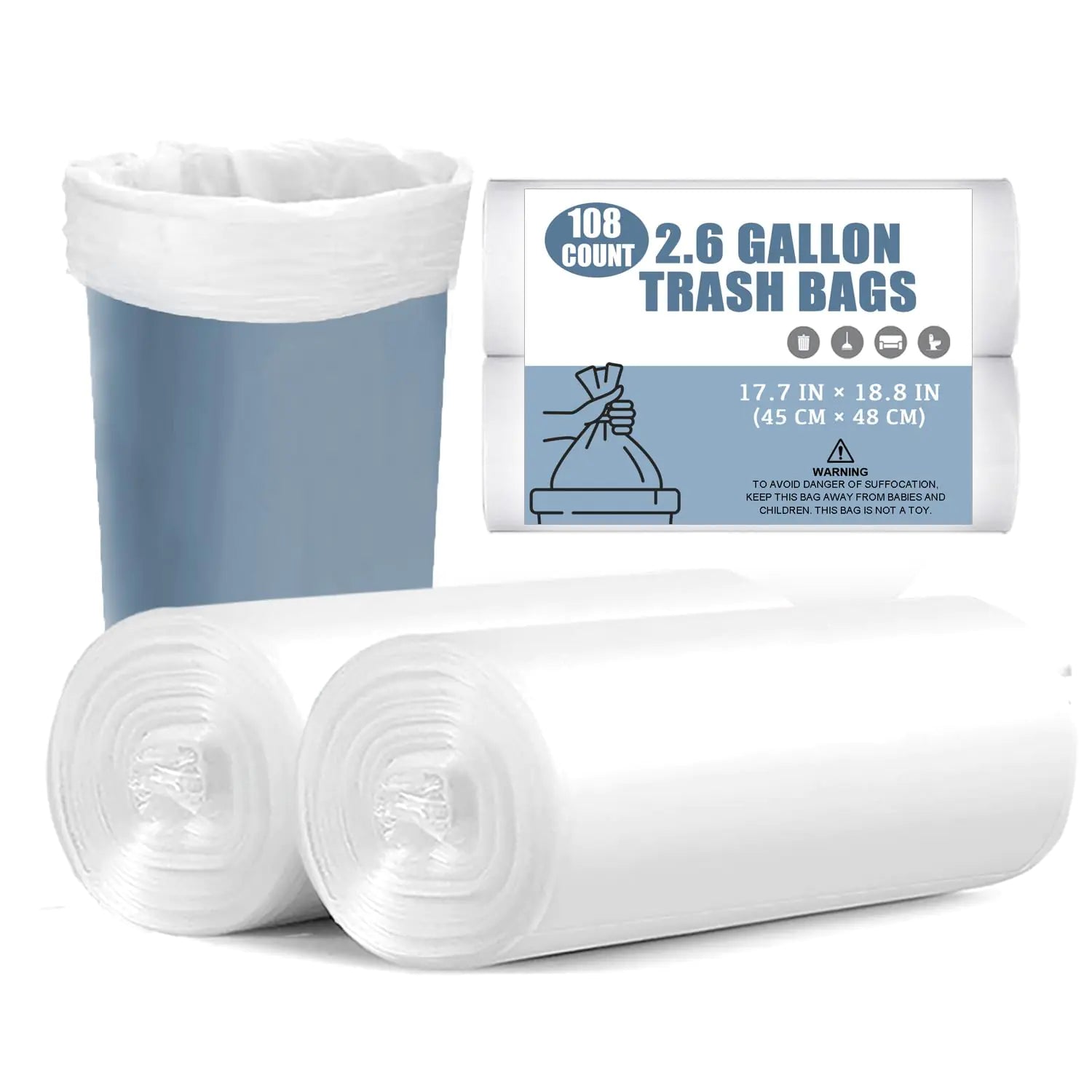 Small Trash Bags - 108 Count 2.6 Gallon Trash Bags Bathroom Trash Bags Small Garbage Bags for Office Bedroom Kitchen White 2.6 Gal Small Trash Can Liners