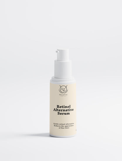 BelleVie Cosmétiques retinol alternative serum in a 30ml bottle, promoting anti-aging and radiant skin.