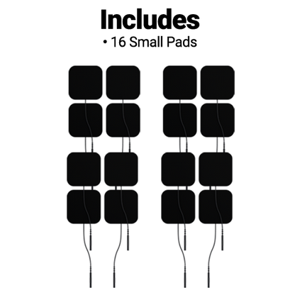 iReliev wired small pads refill kit showing adhesive gel pads, connector cables, and packaging for CM5050 TENS unit therapy.