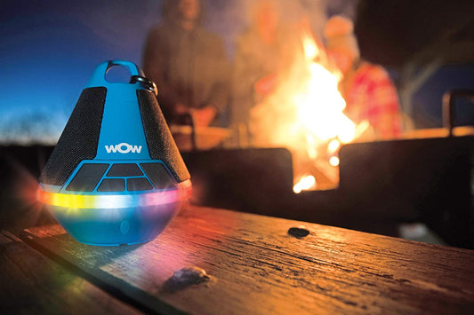 Blue WOW Watersports WOW-SOUND buoy speaker for outdoor use, featuring rugged design and portable waterproof outdoor speaker