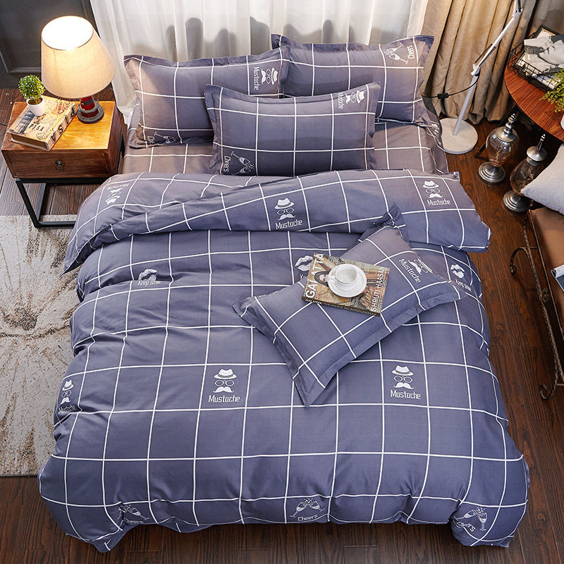 Three-piece bed set with frame, headboard, and matching furniture pieces in a bedroom setting