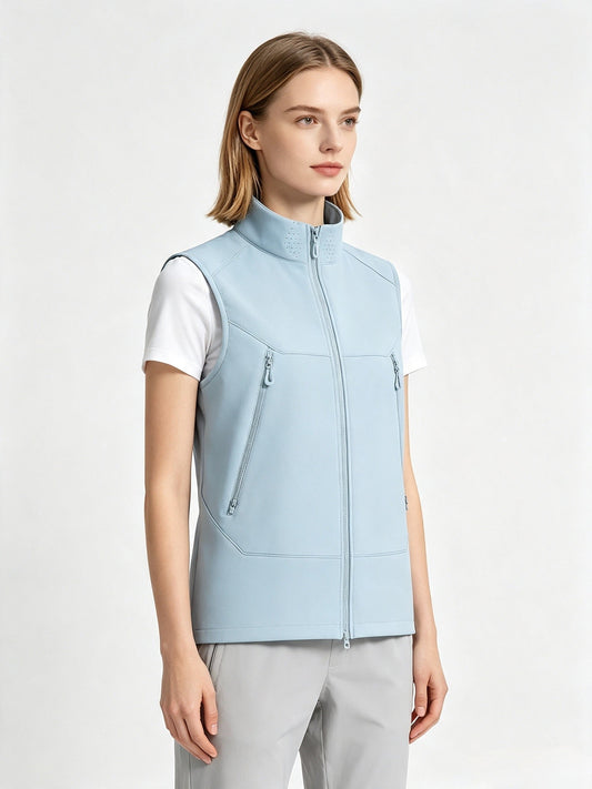 Couple stand collar outdoor vest with thin fleece lining, waterproof shell, zipper pockets, and sleeveless design