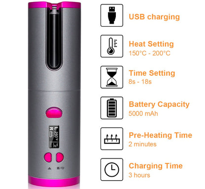 Wireless USB charging curling iron, multifunctional curler with compact design