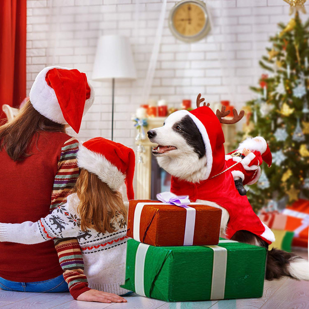Dog Christmas clothes with Santa Claus riding deer design, festive pet costume in red and white