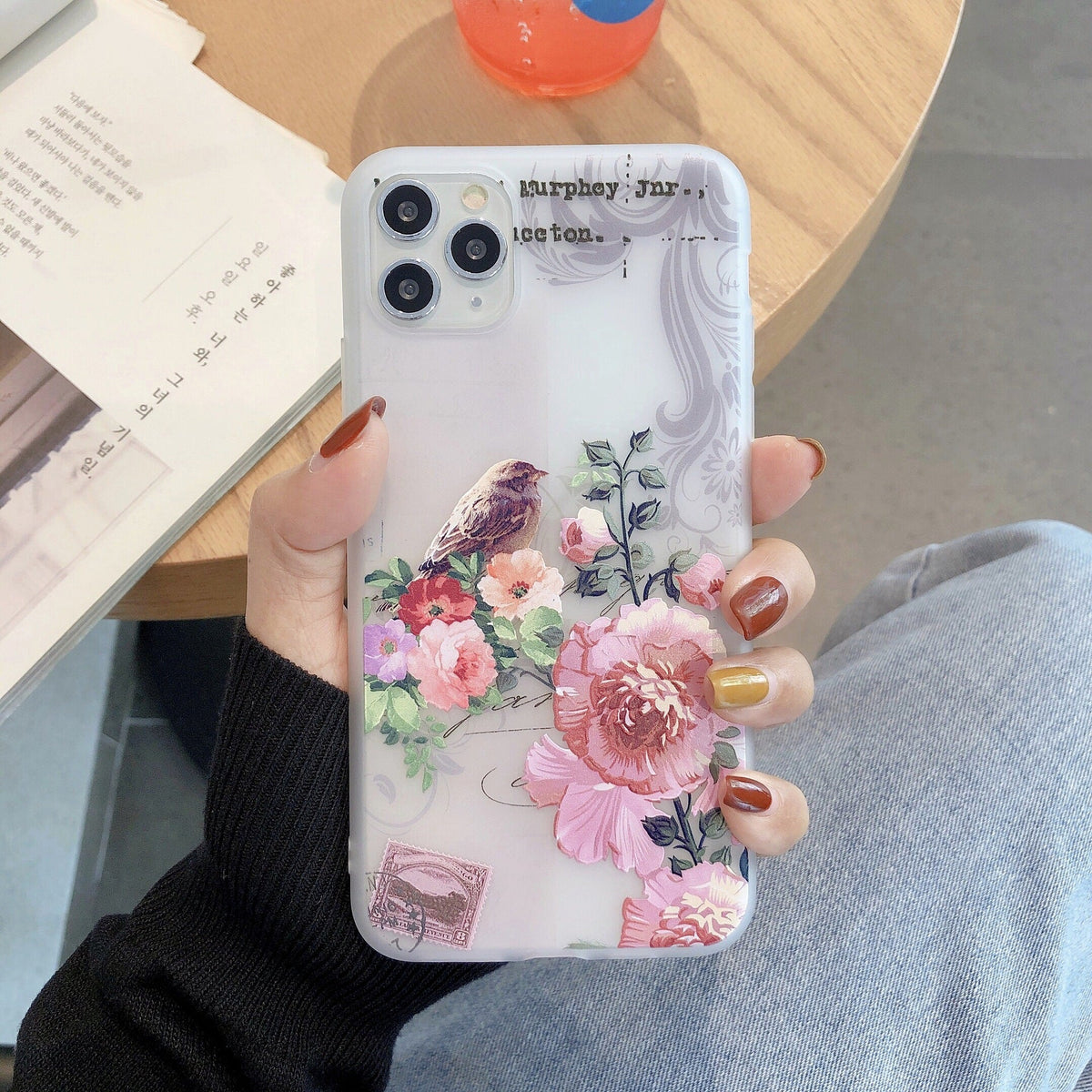 Frosted transparent creative flower phone case with floral design
