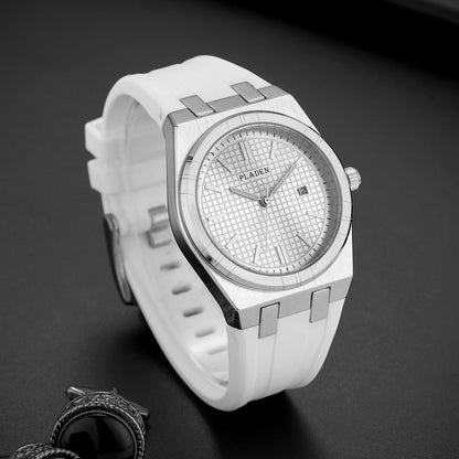 Simple business quartz watch with black silicone strap and minimalist dial