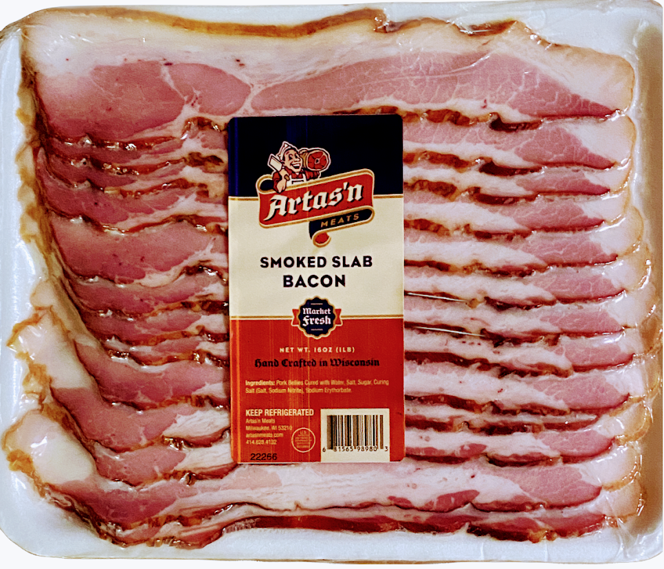 Sliced smoked bacon slab from Artas'n Meats, showing crispy, smoky bacon slices with marbled fat on a white background.