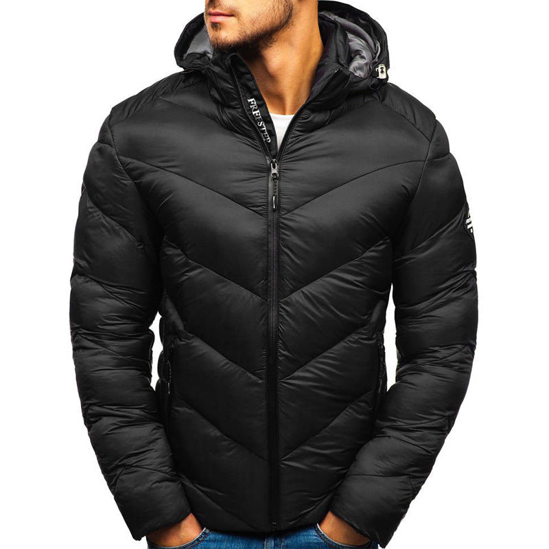 Warm hooded jacket in a neutral color with front zipper and long sleeves