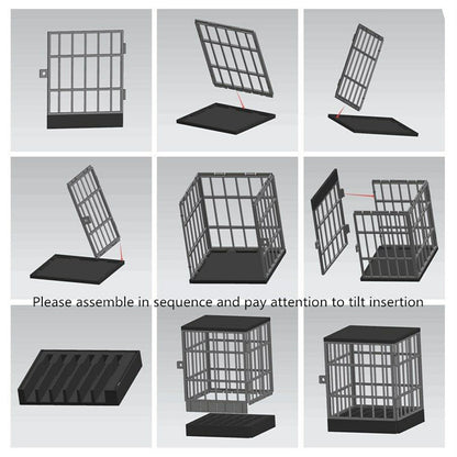 Phone storage cage organizer, front view with multiple compartments for holding mobile phones