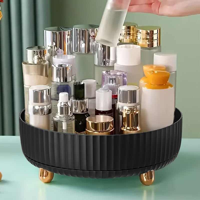 Plastic cosmetics rotating storage box with multiple compartments for organizing makeup and beauty products