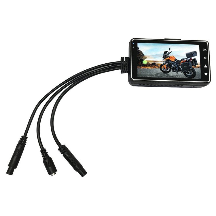 Motorcycle dash cam mounted on handlebars, compact black camera with front-facing lens