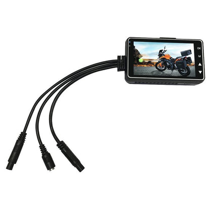 Motorcycle dash cam mounted on handlebars, compact black camera with front-facing lens